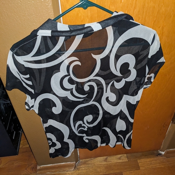 Women's Vintage New York & Co Sheer Blouse black & white button up s/s - Picture 2 of 4
